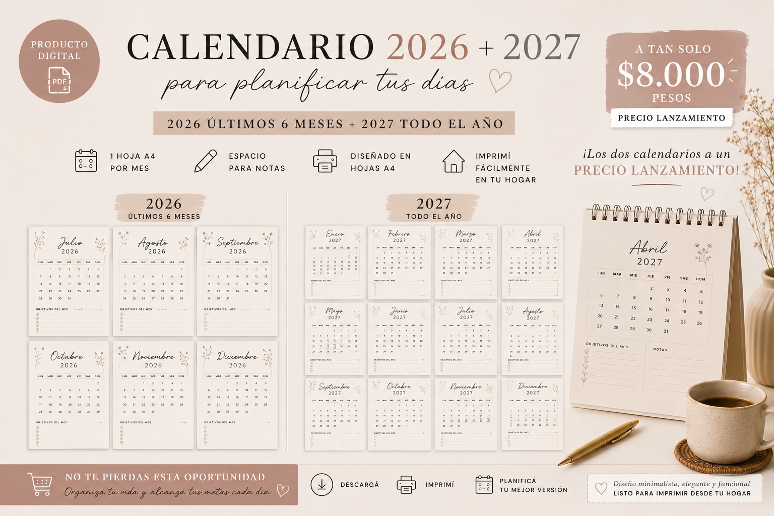 Calendario 2026 + 2027 para Imprimir | PDF A4 Minimalista